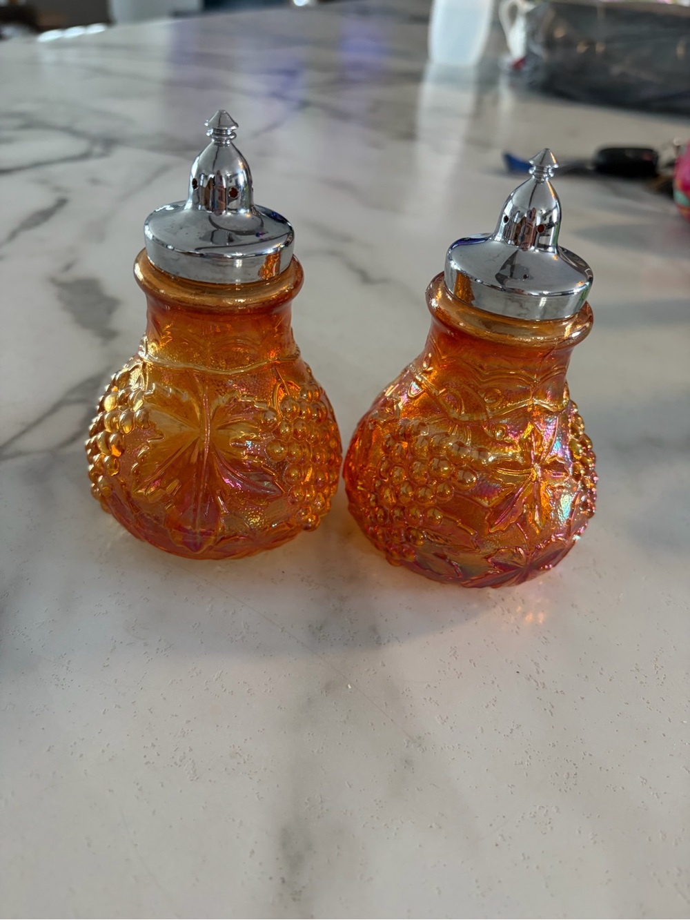 Vintage Iridescent Orange Carnival Glass Salt & Pepper Shakers